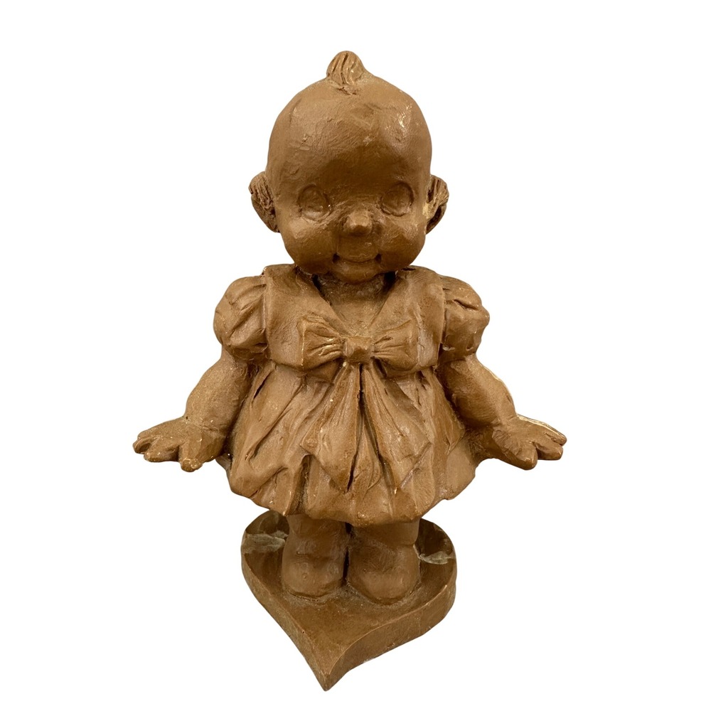 Vintage 1981 SAG Kewpie Style Clay Girl Figurine Wood Heart Base Folk Art
